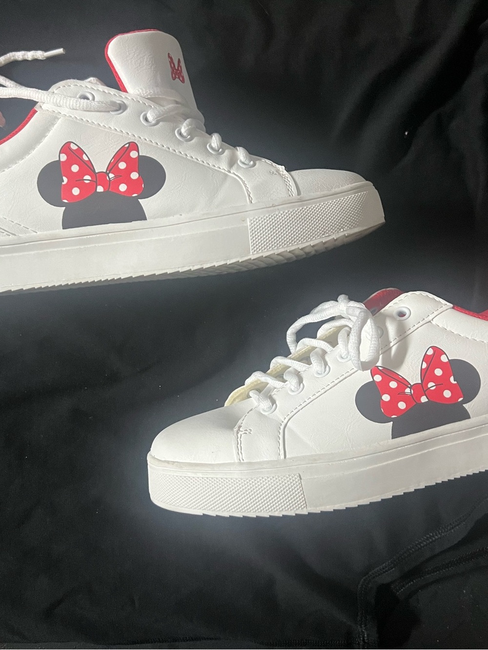 Disney Minnie Mouse White Sneakers with Red Polka Dot Bow Accent